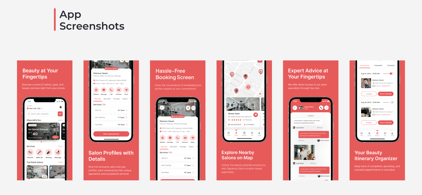 beauty salon app design screenshot, salon booking app ui design,
beauty salon app design