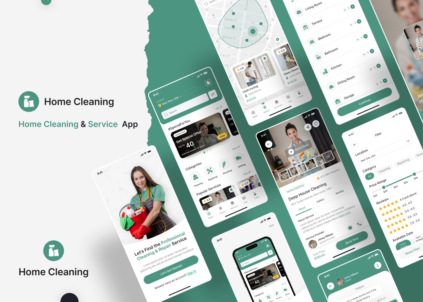 house cleaning app ui design, home service app ui kit
