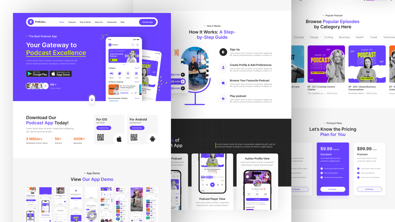 Podcast App Landing Page UI Design, podcast website landing page