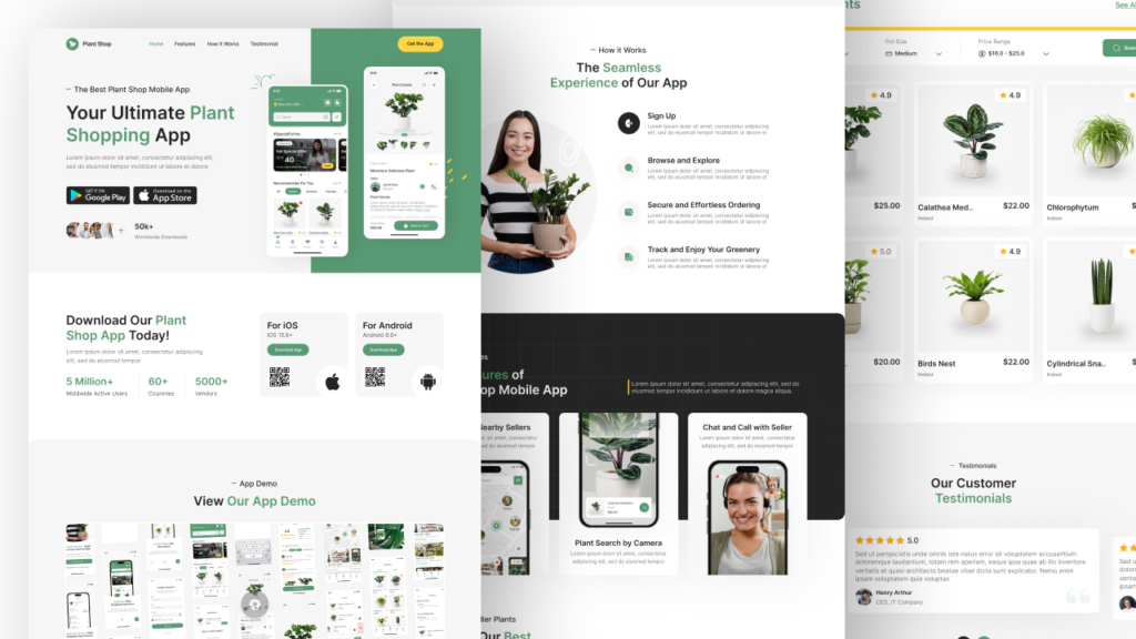 plant shop app website landing page ui design