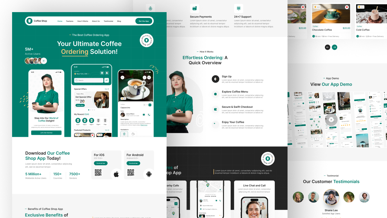 coffee shop app landing page design