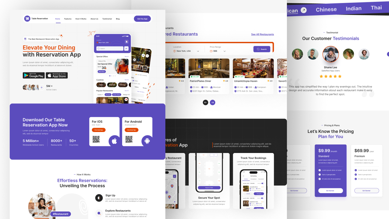 restaurant reservation app landing page ui design