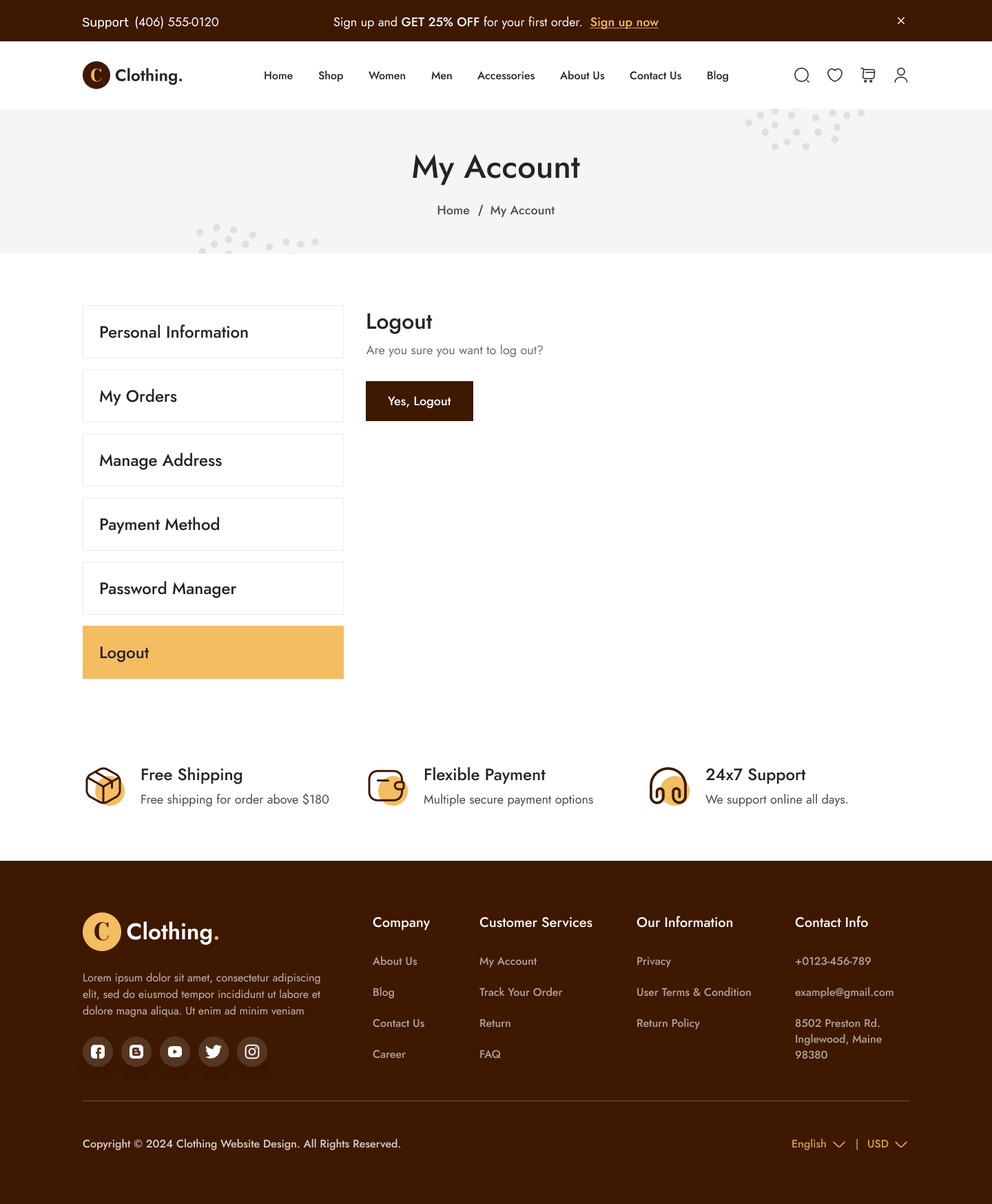 Clothing Store Website UI UX My Account-Logout Page Design