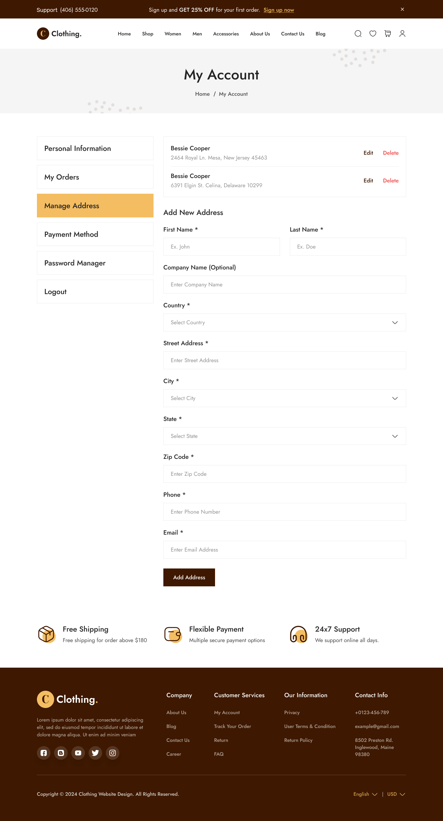 Clothing Store Website UI UX My Account-Manage Address Page Design