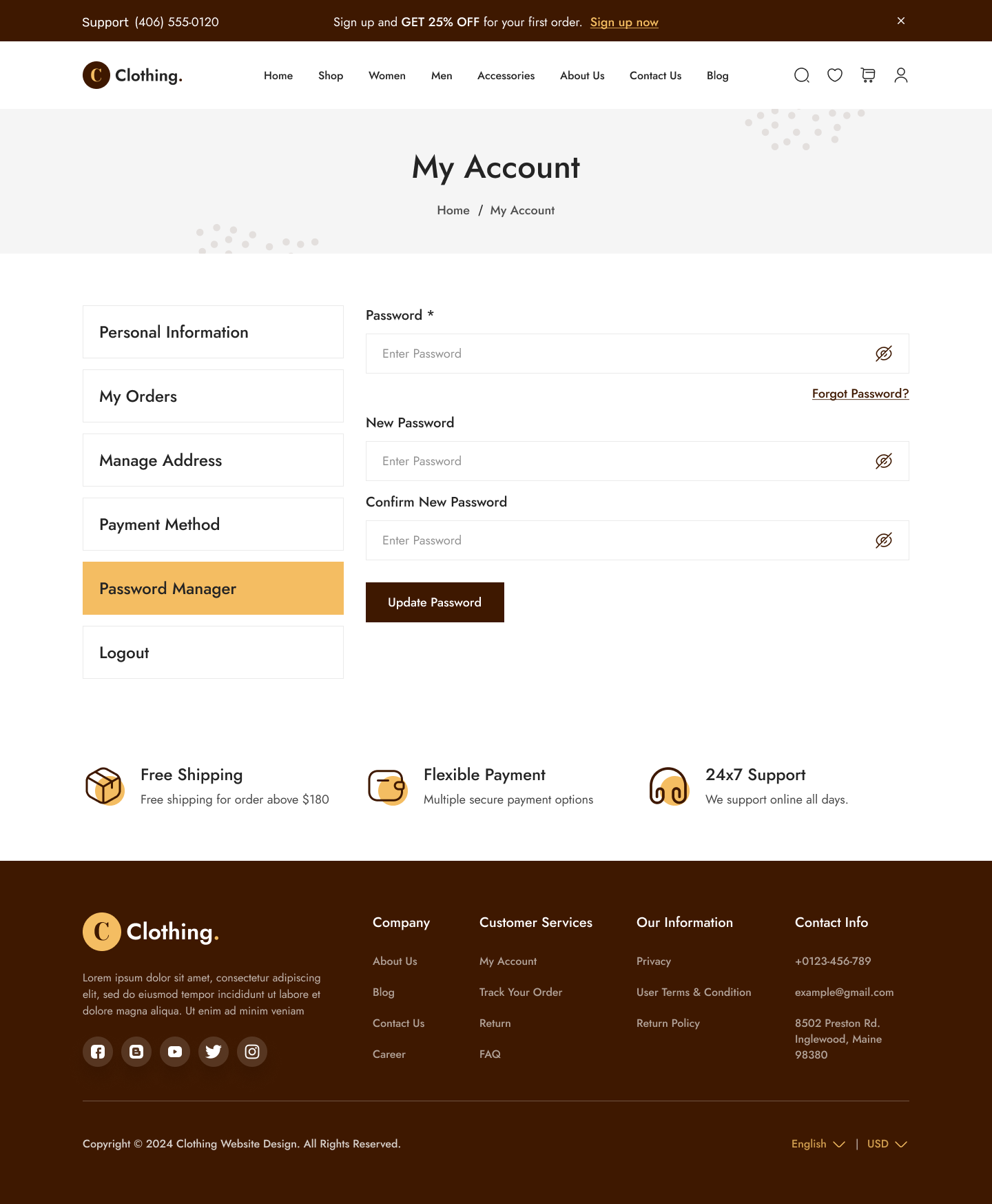 Clothing Store Website UI UX My Account-Password Manager Page Design