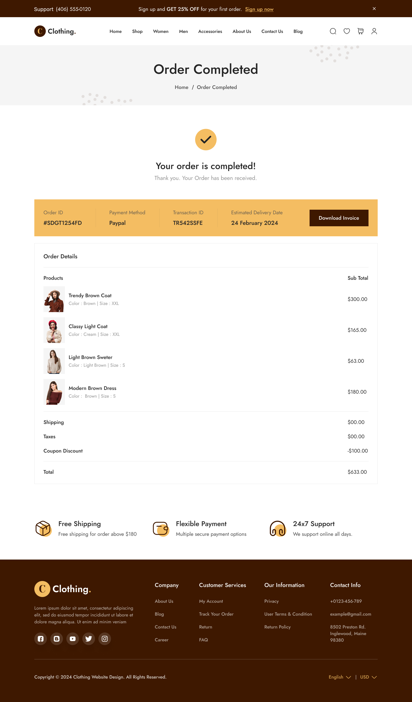 Clothing Store Website  UI UX Order Completed Page Design