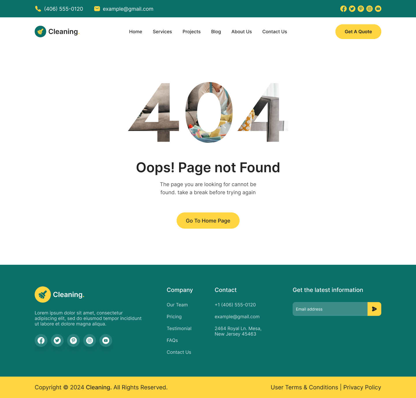 cleaning service website Error 404 Page figma design