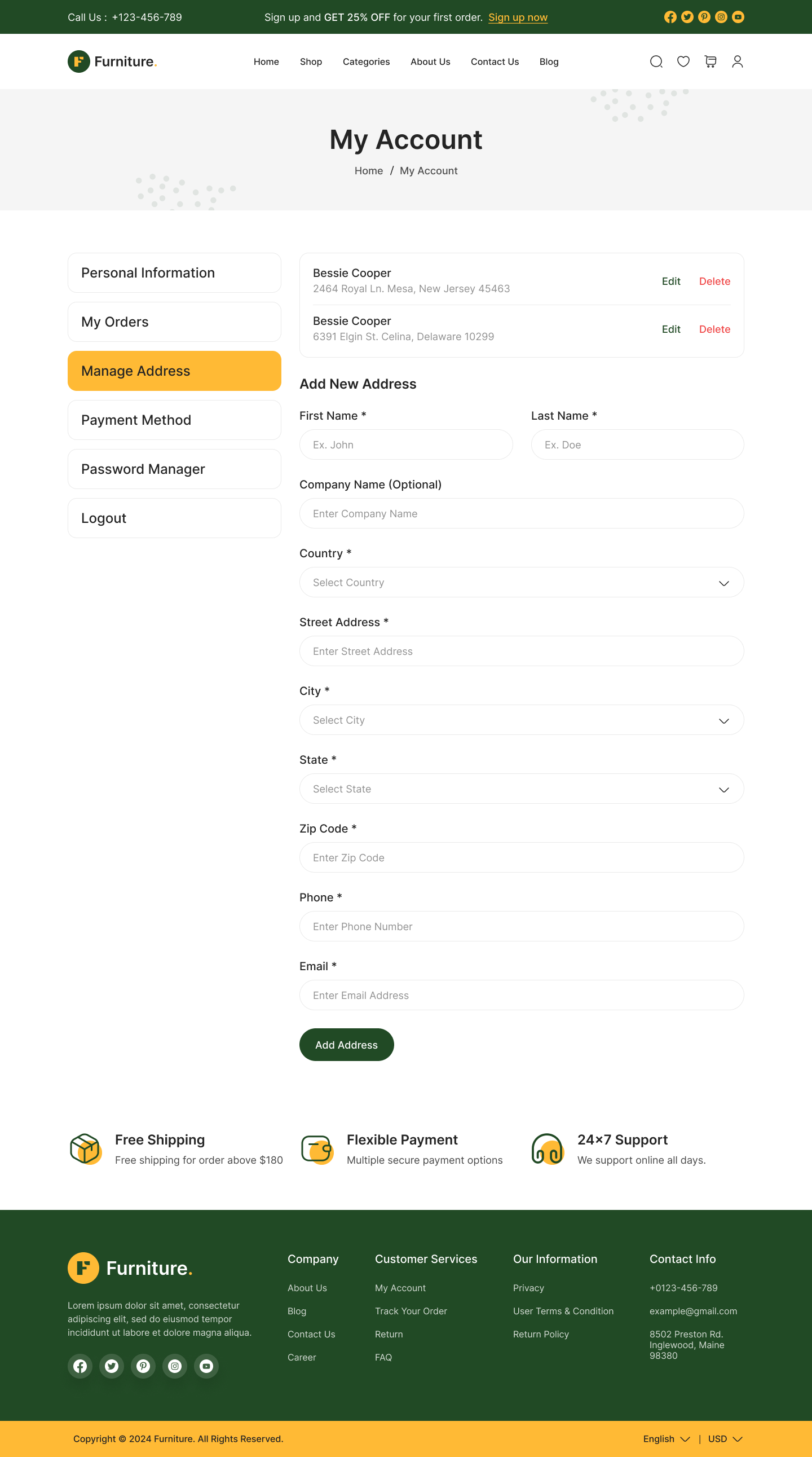 furniture ecommerce website ui ux my account manage address page design