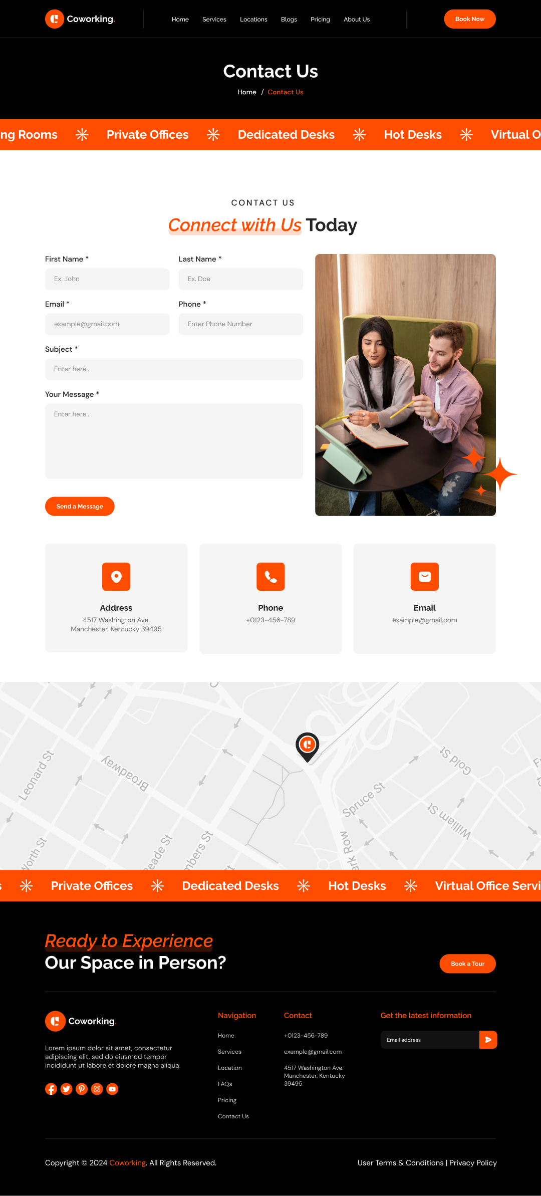 coworking space website template Contact us page ui ux design