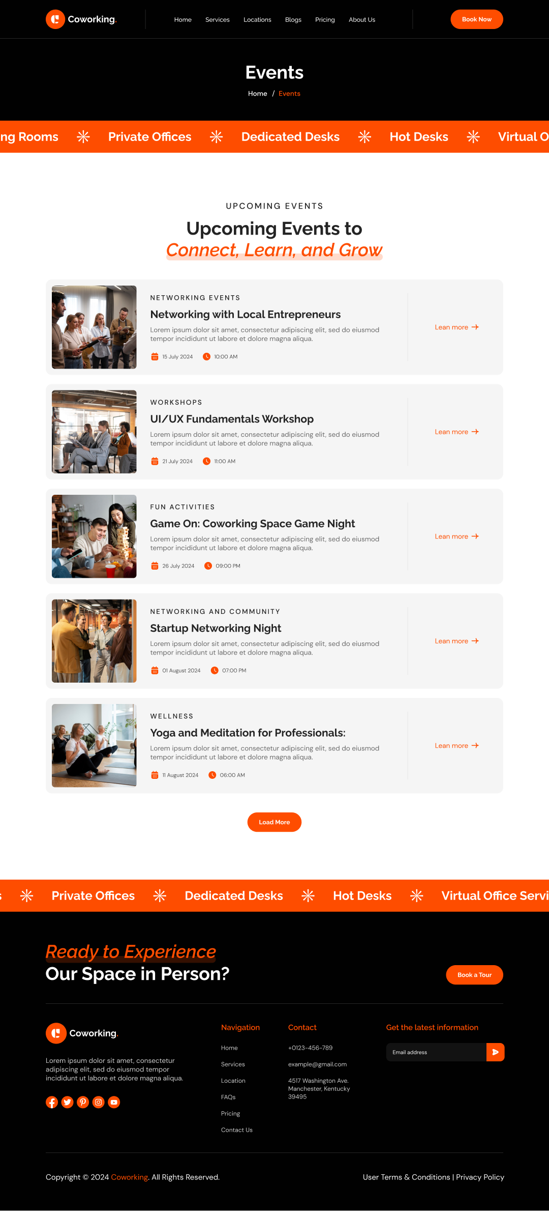 coworking space website template Events Page ui ux design