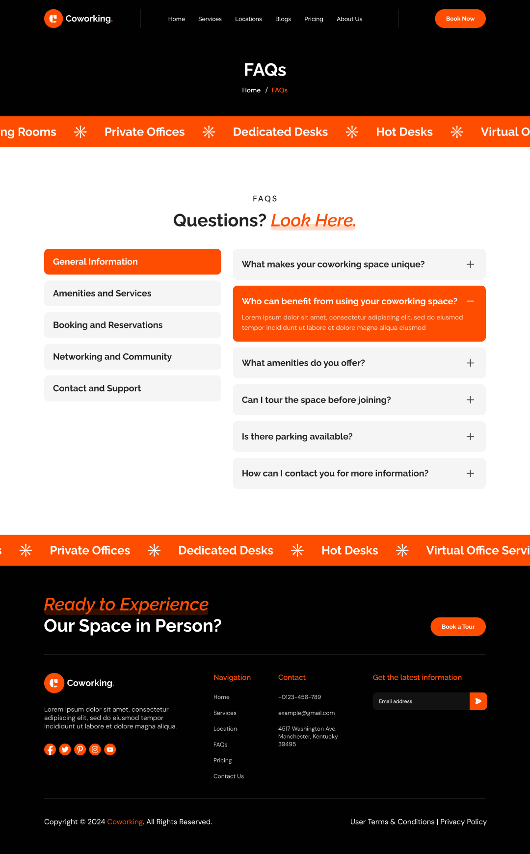 coworking space website template FAQs page ui ux design