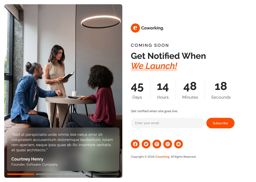 coworking space website template coming soon Page ui ux design
