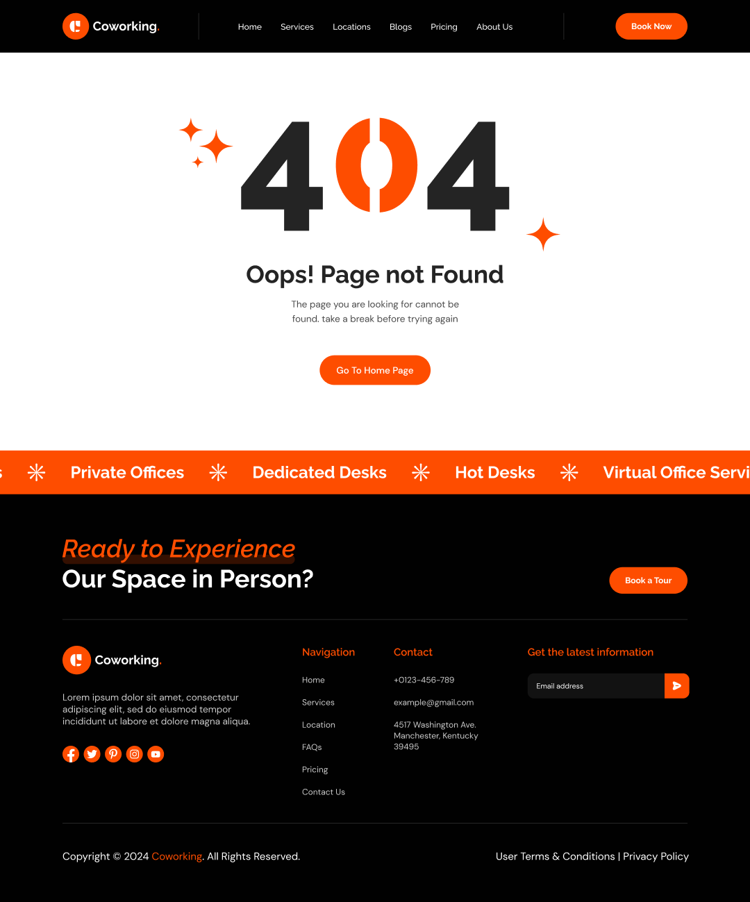 coworking space website template error 404 Page ui ux design