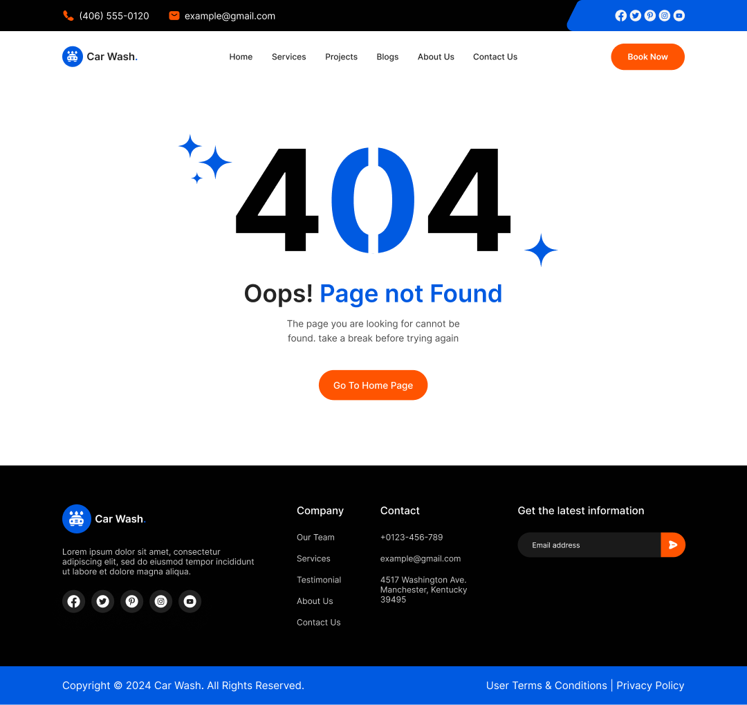 car wash service website Error 404 Page Design ui ux design template