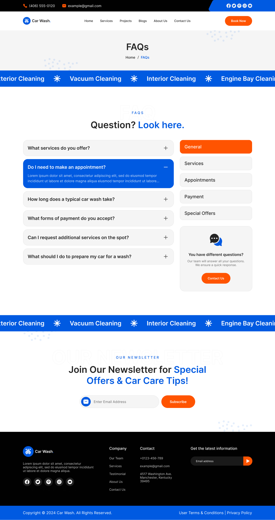 car wash service website FAQs Page Design ui ux design template