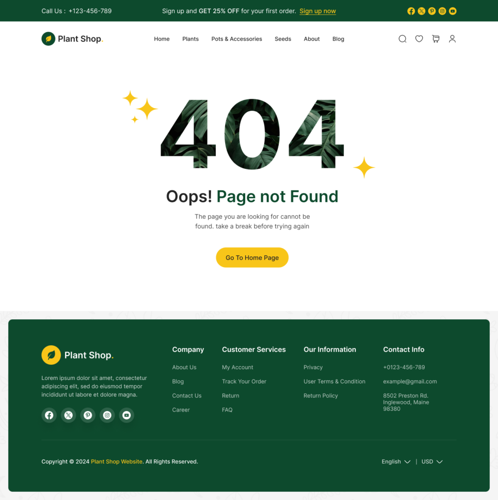 plant store website figma design ui ux error 404 page design