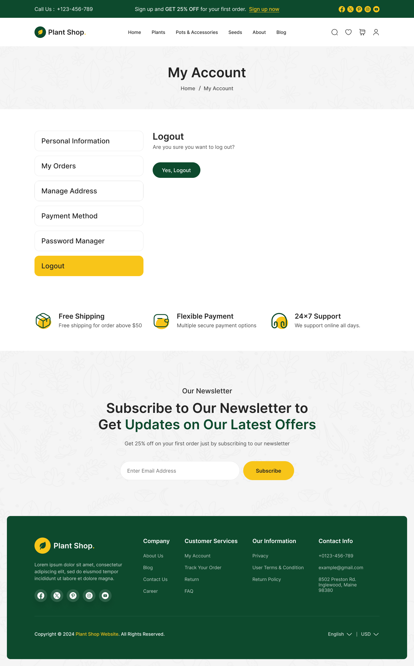 plant store website figma design ui ux my account logout page design