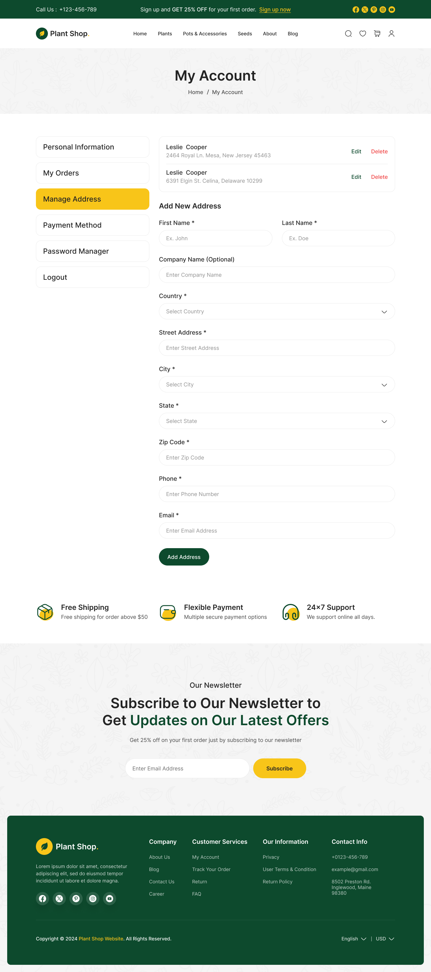 plant store website figma design ui ux my account manage address page design