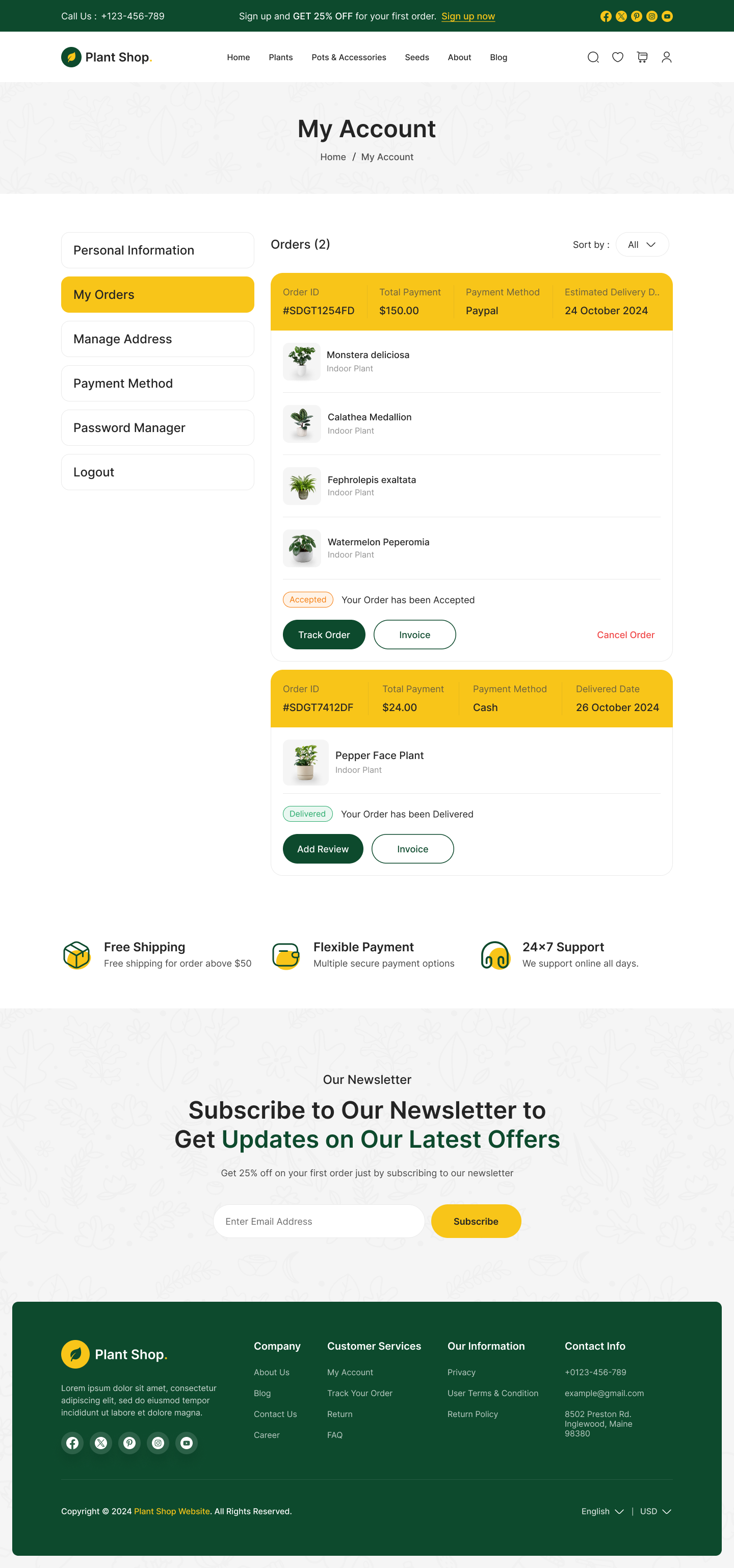 plant store website figma design ui ux my account my orders page design