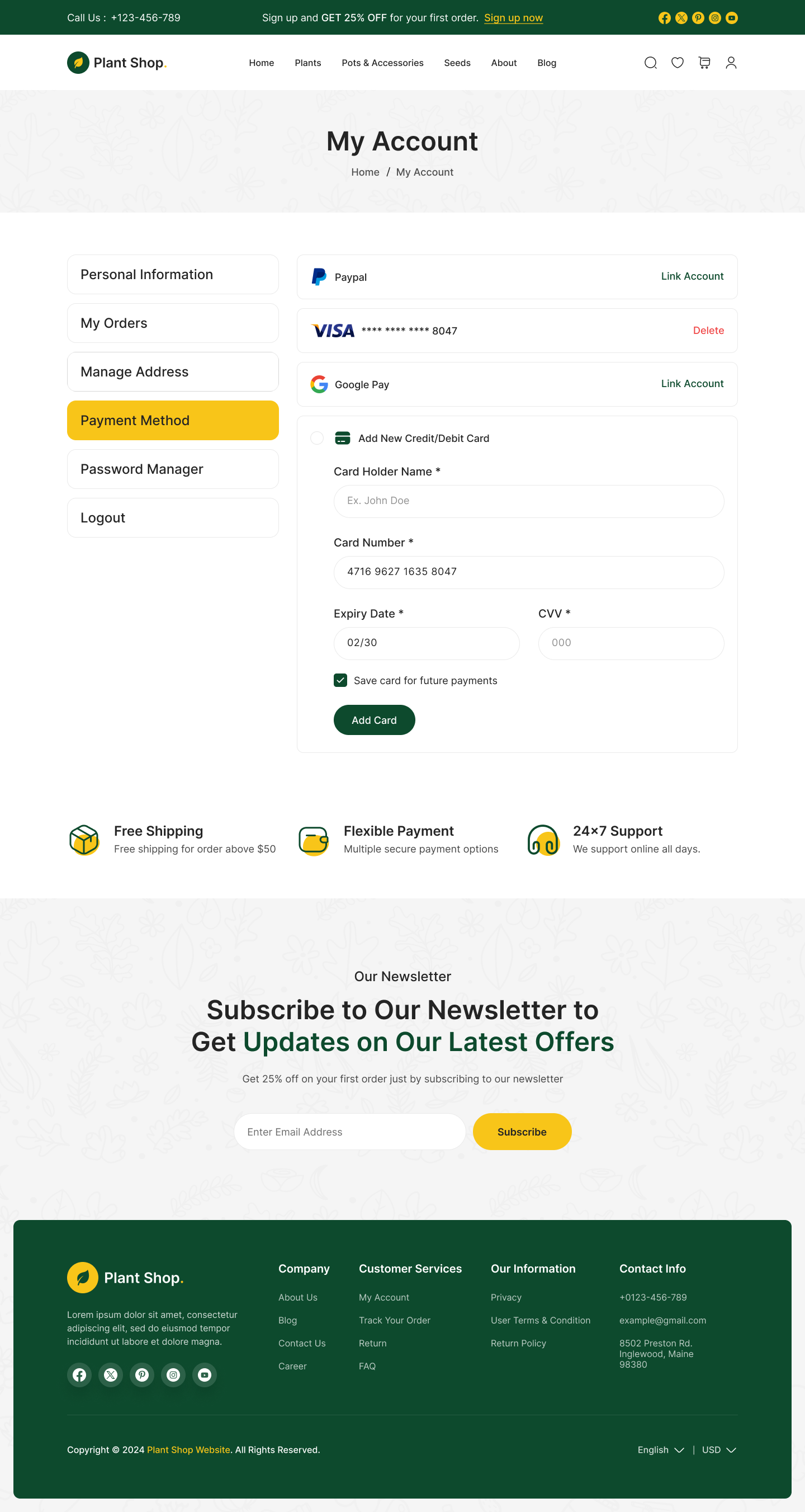 plant store website figma design ui ux my account payment method page design