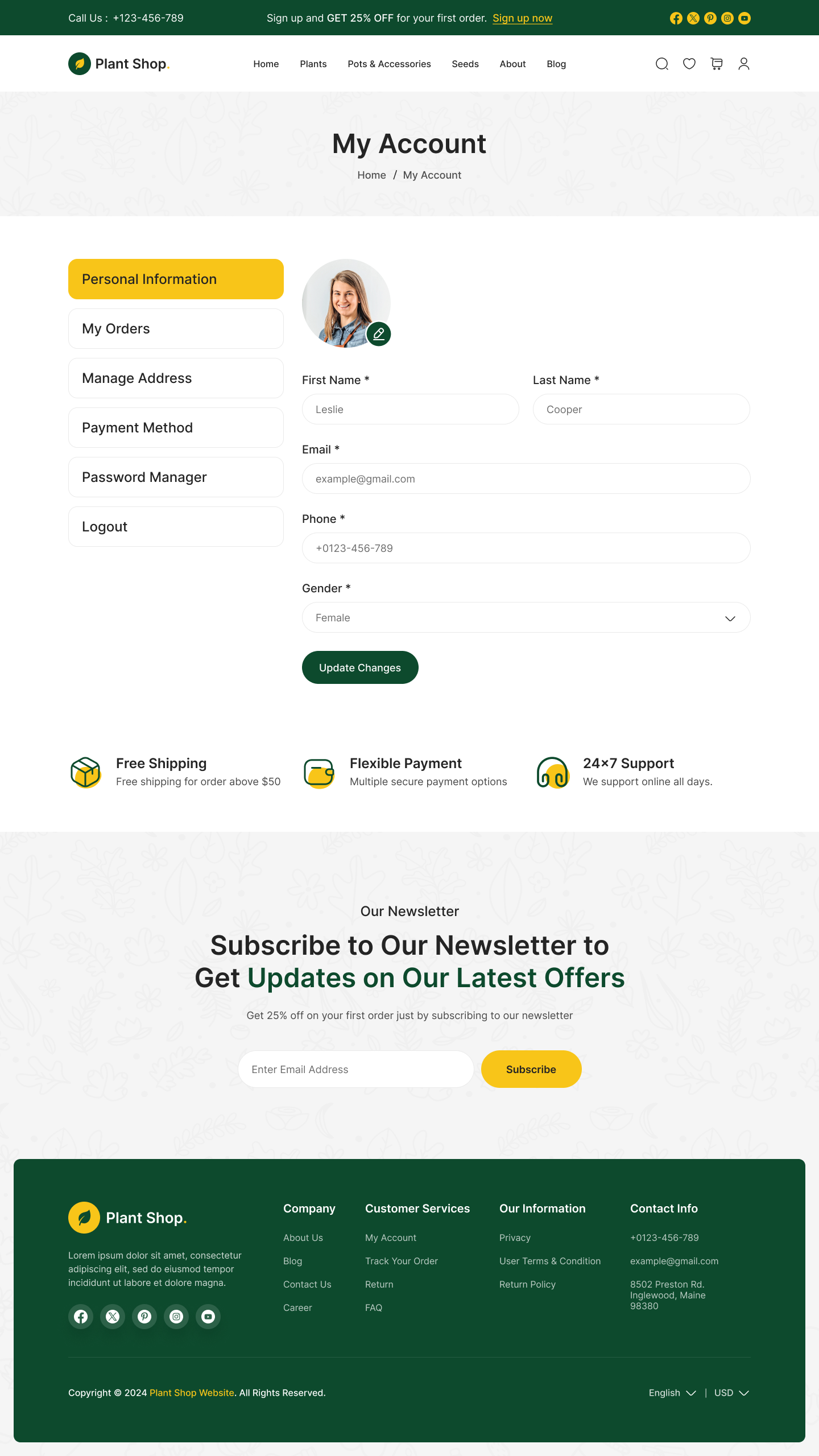 plant store website figma design ui ux my account personal info page design