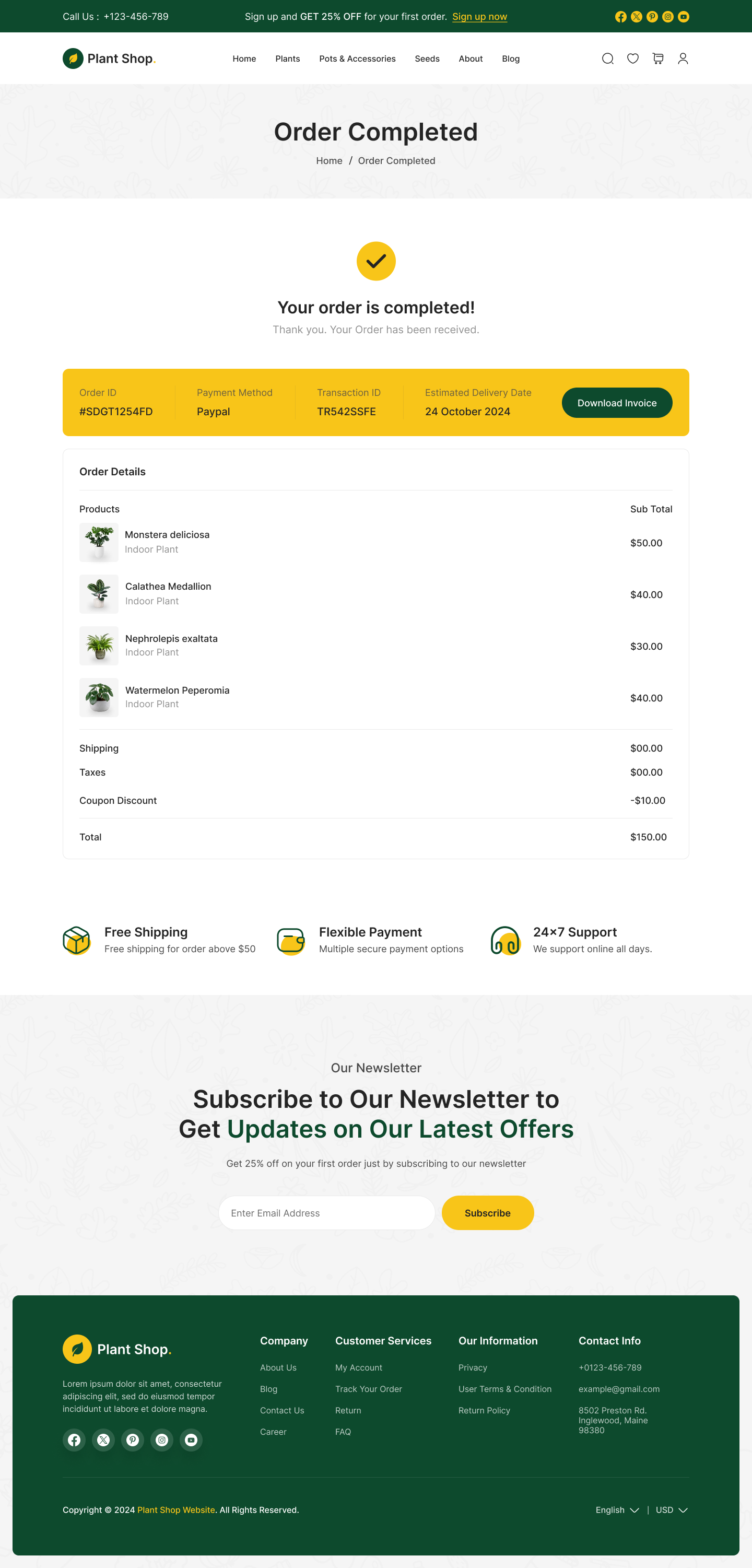 plant store website figma design ui ux order completed page design
