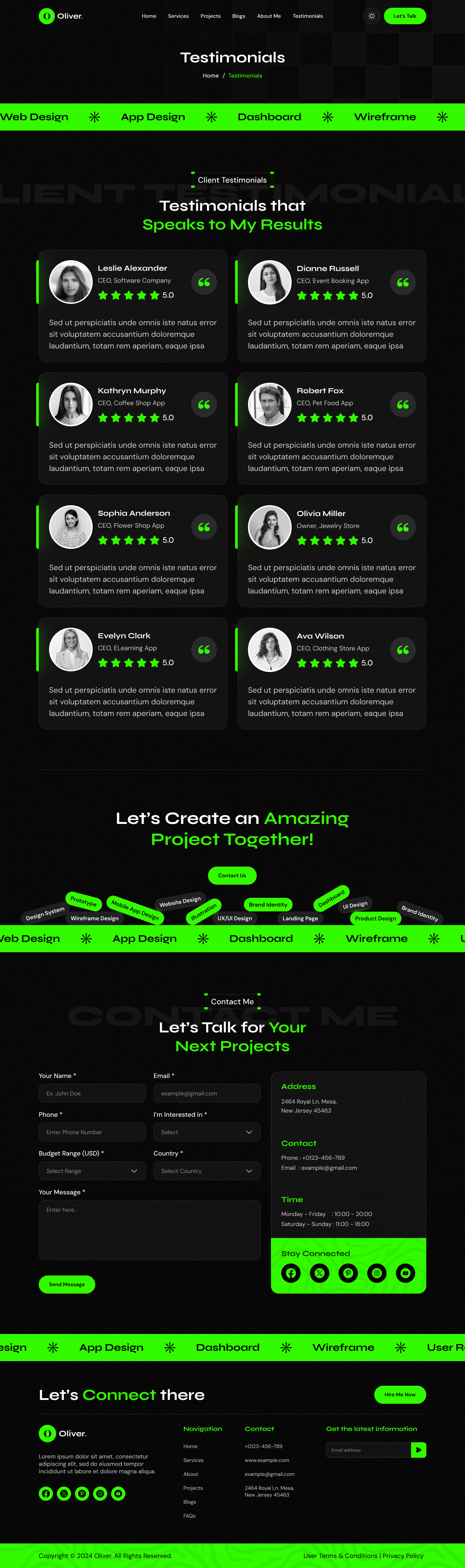 personal portfolio website figma ui ux Testimonials Dark mode design