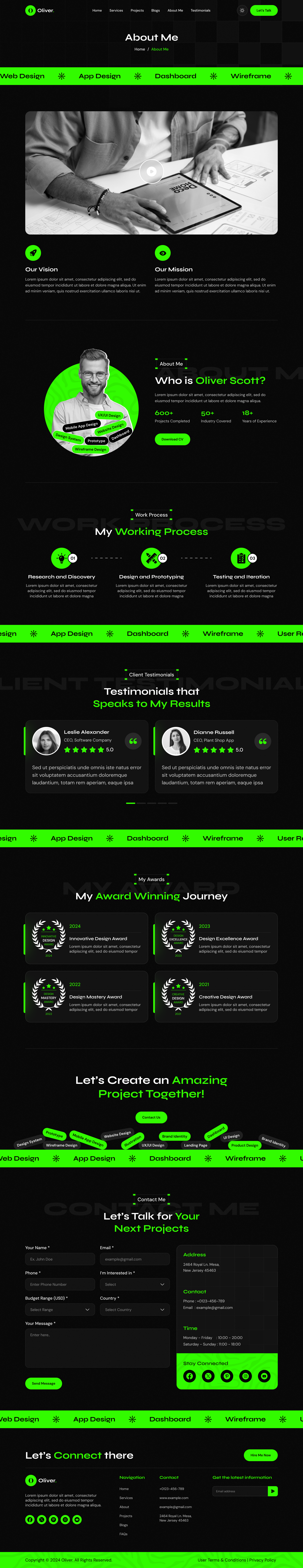 personal portfolio website figma ui ux about me Dark mode design