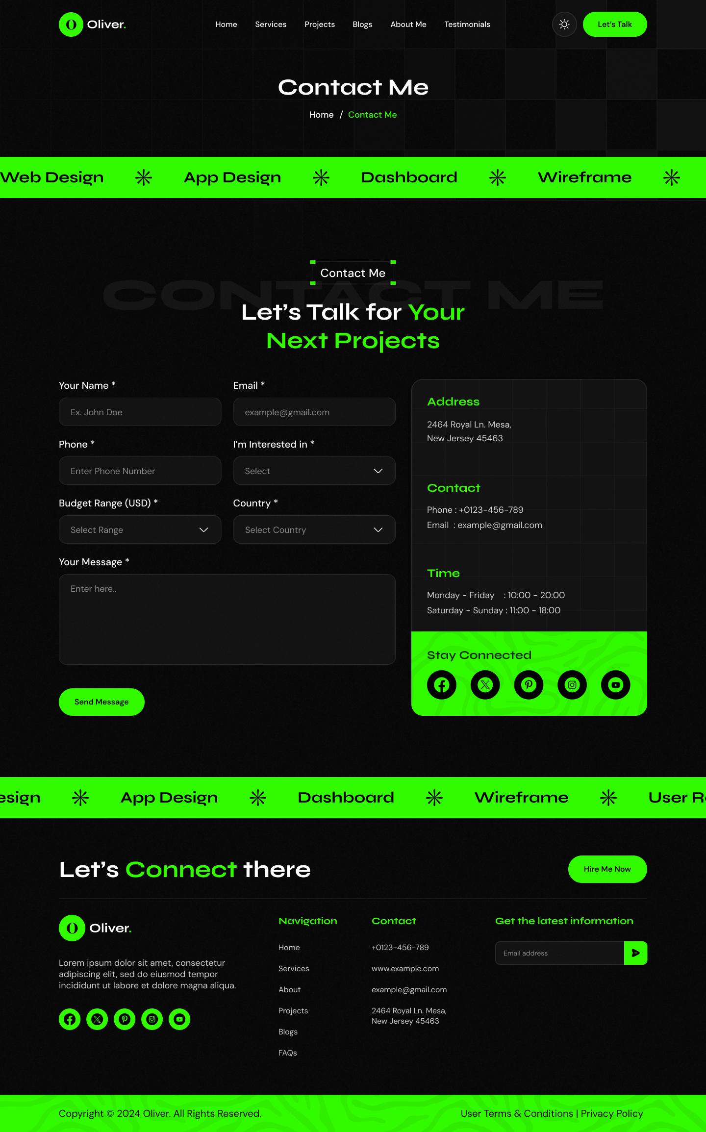 personal portfolio website figma ui ux contact me Dark mode design