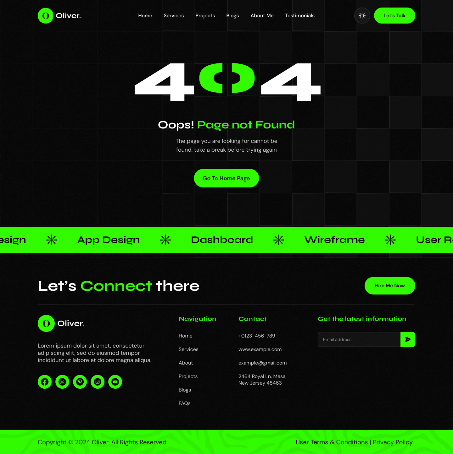 personal portfolio website figma ui ux error 404 Dark mode page design
