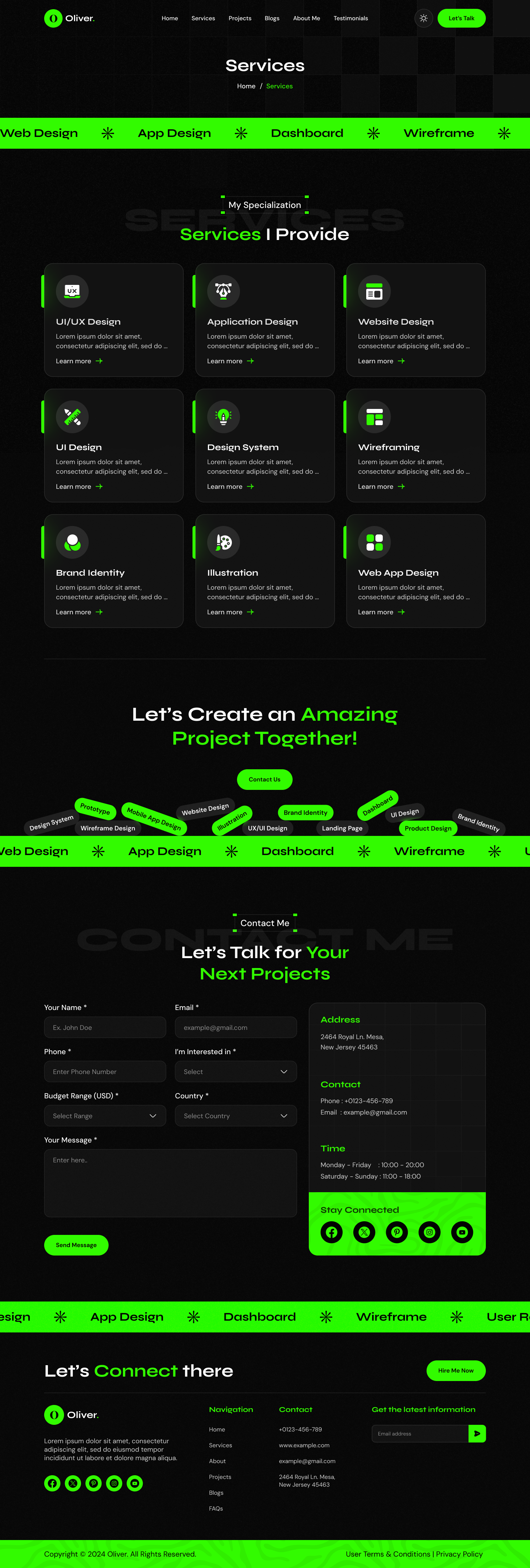 personal portfolio website figma ui ux services page Dark mode design