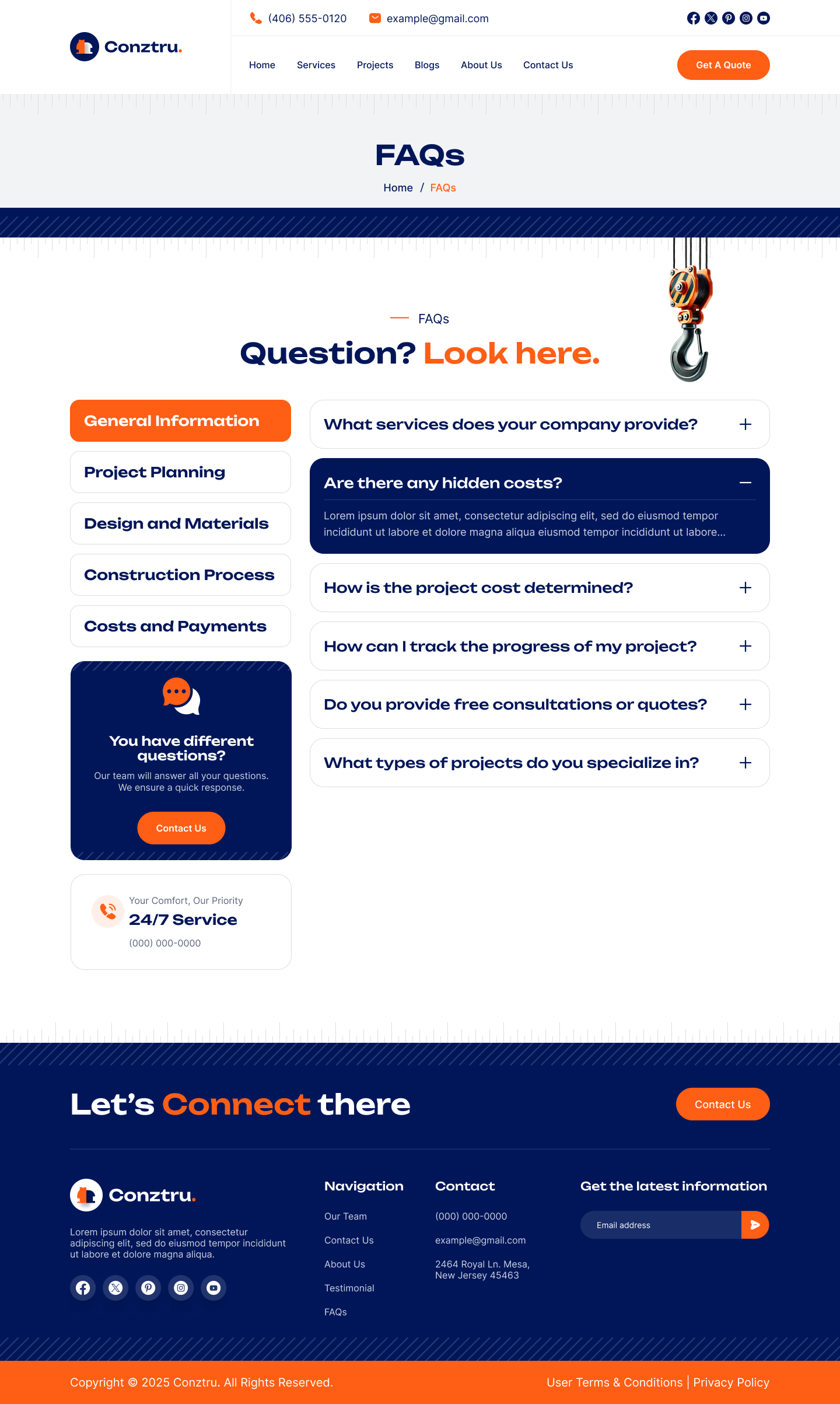 construction website FAQs Page ui ux design