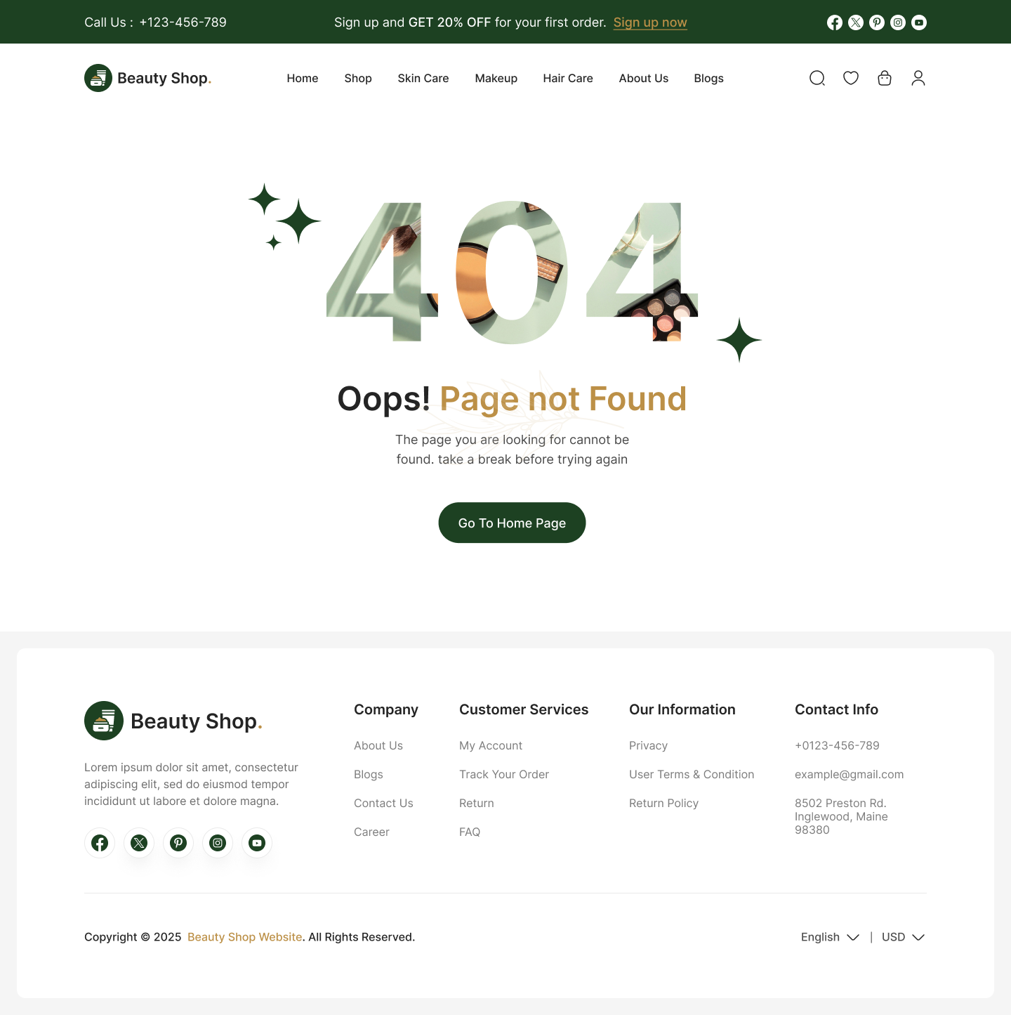 beauty product website ui design  error 404 page design