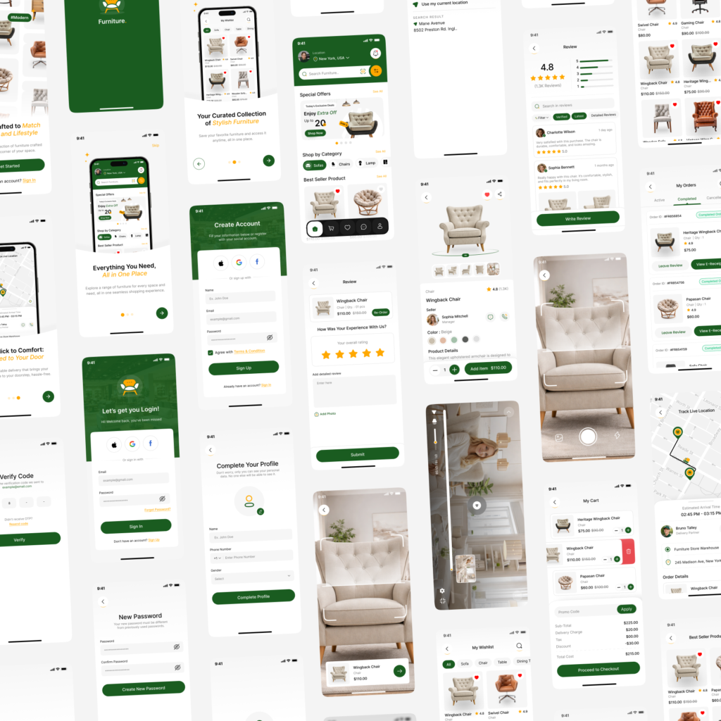 Furniture Store App UI UX Design Figma Template [60+ Screens]