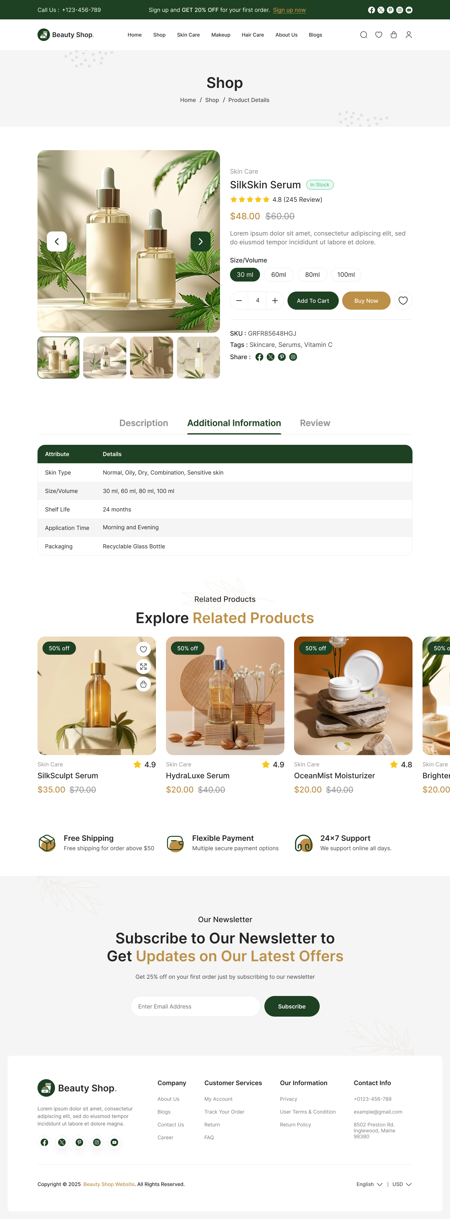 beauty product website ui design  product details additional information page design