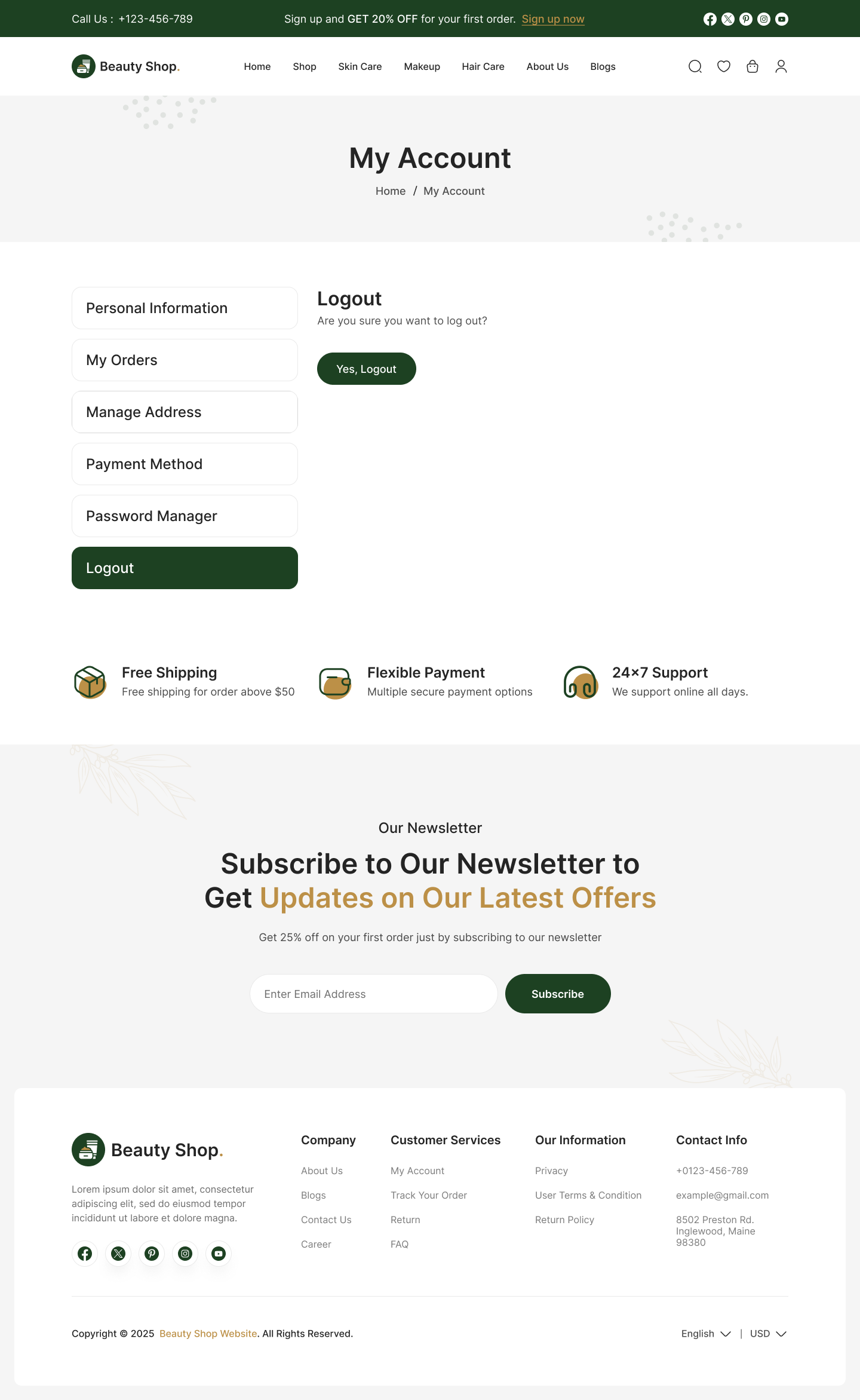 beauty product website ui design  my account logout page design