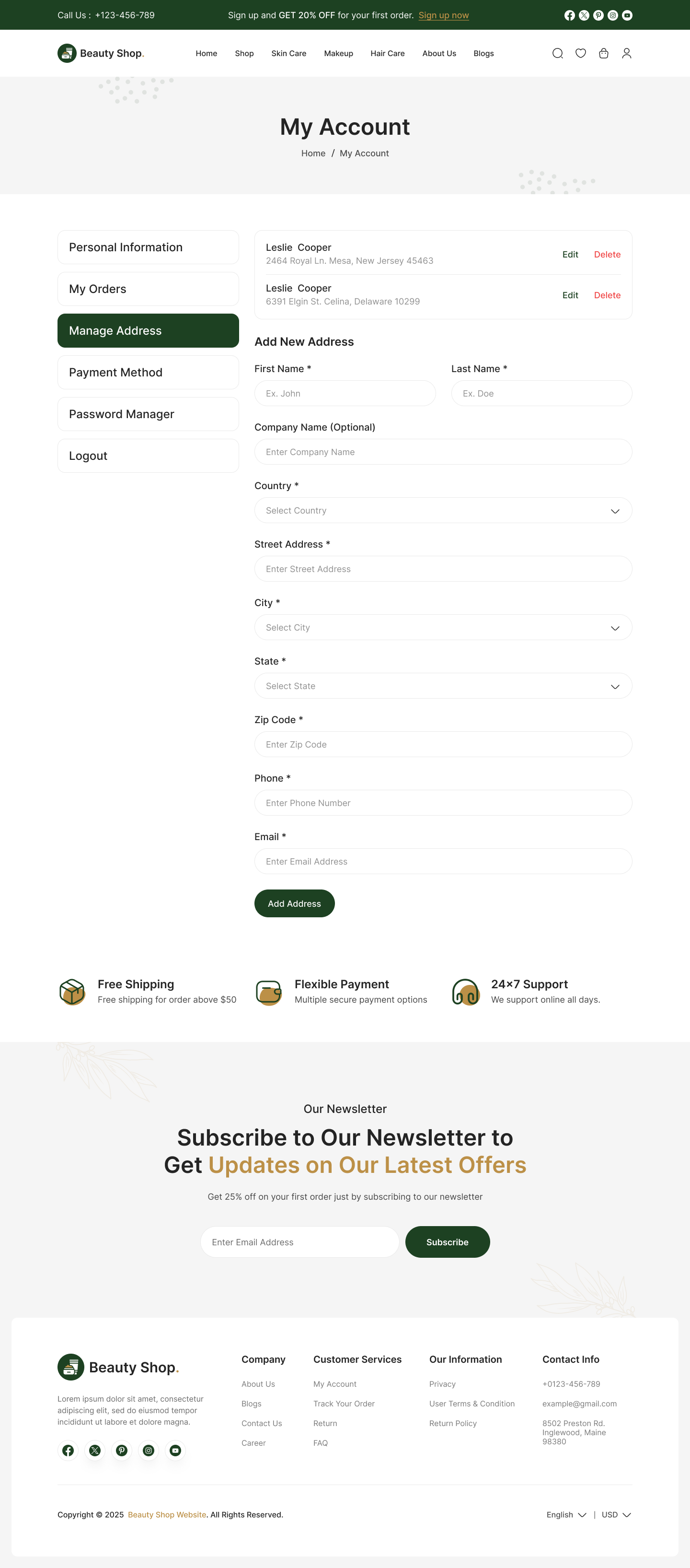 beauty product website ui design my account manage address page design
