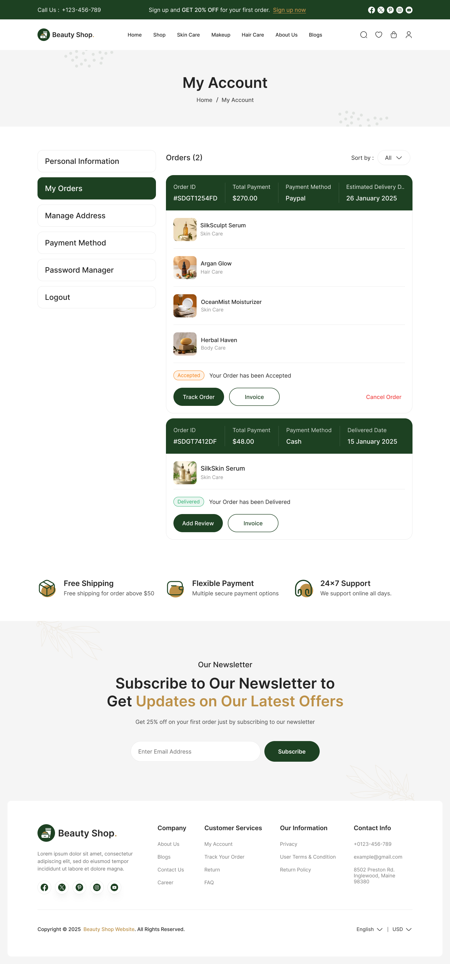 beauty product website ui design  my account my order page design