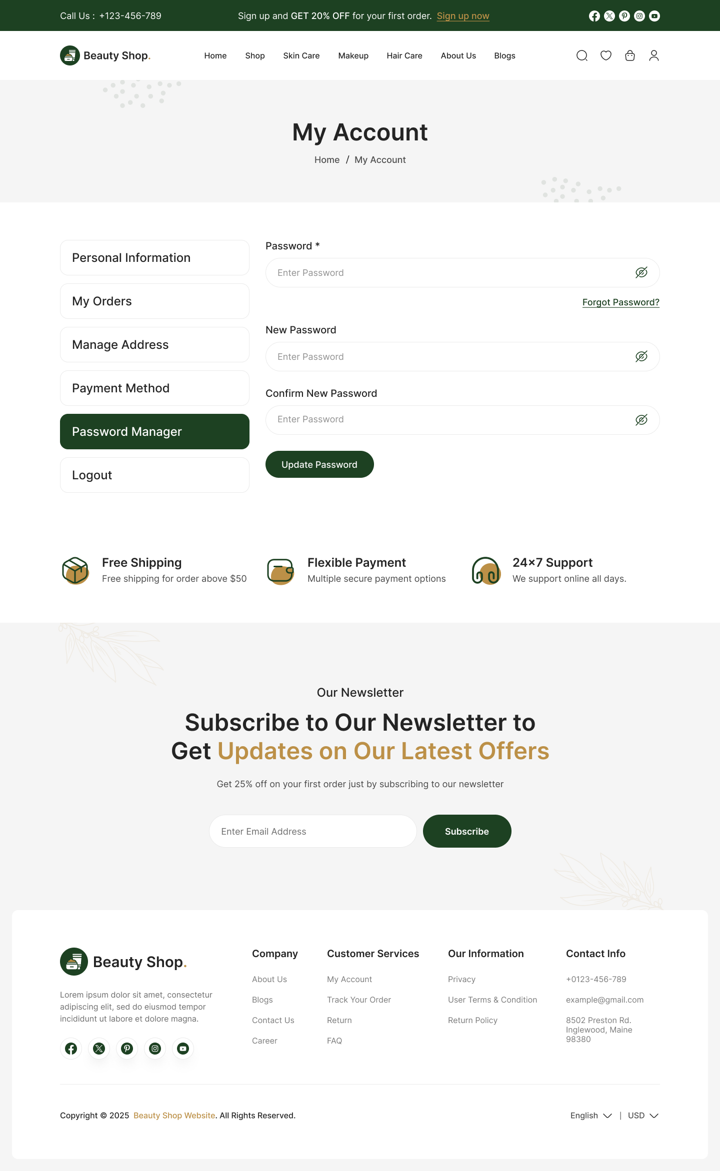 beauty product website ui design my account password manager page design