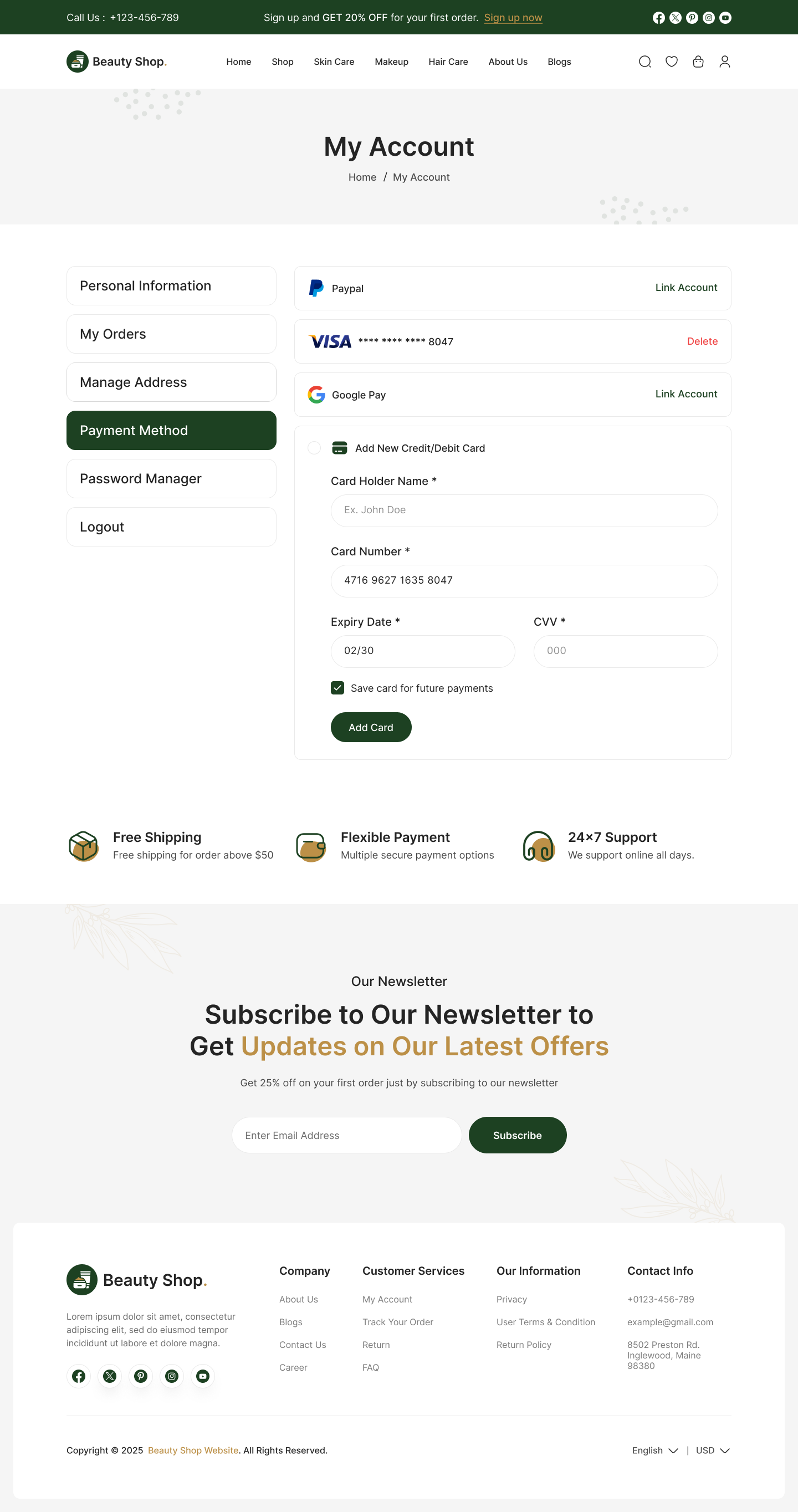 beauty product website ui design  my account payment method page design