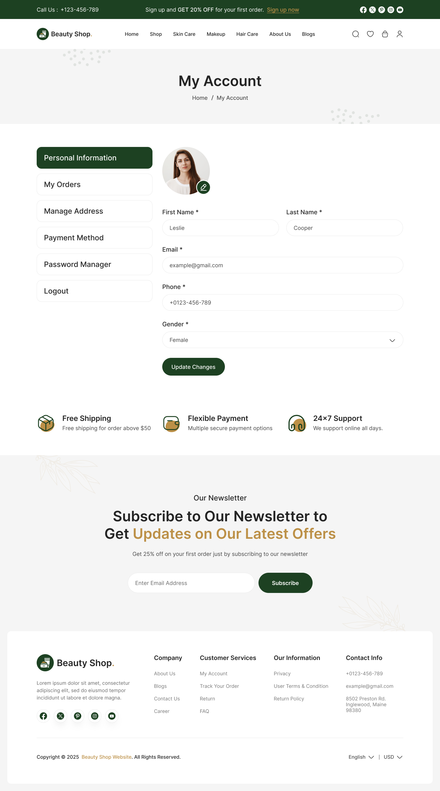 beauty product website ui design my account personal information page design