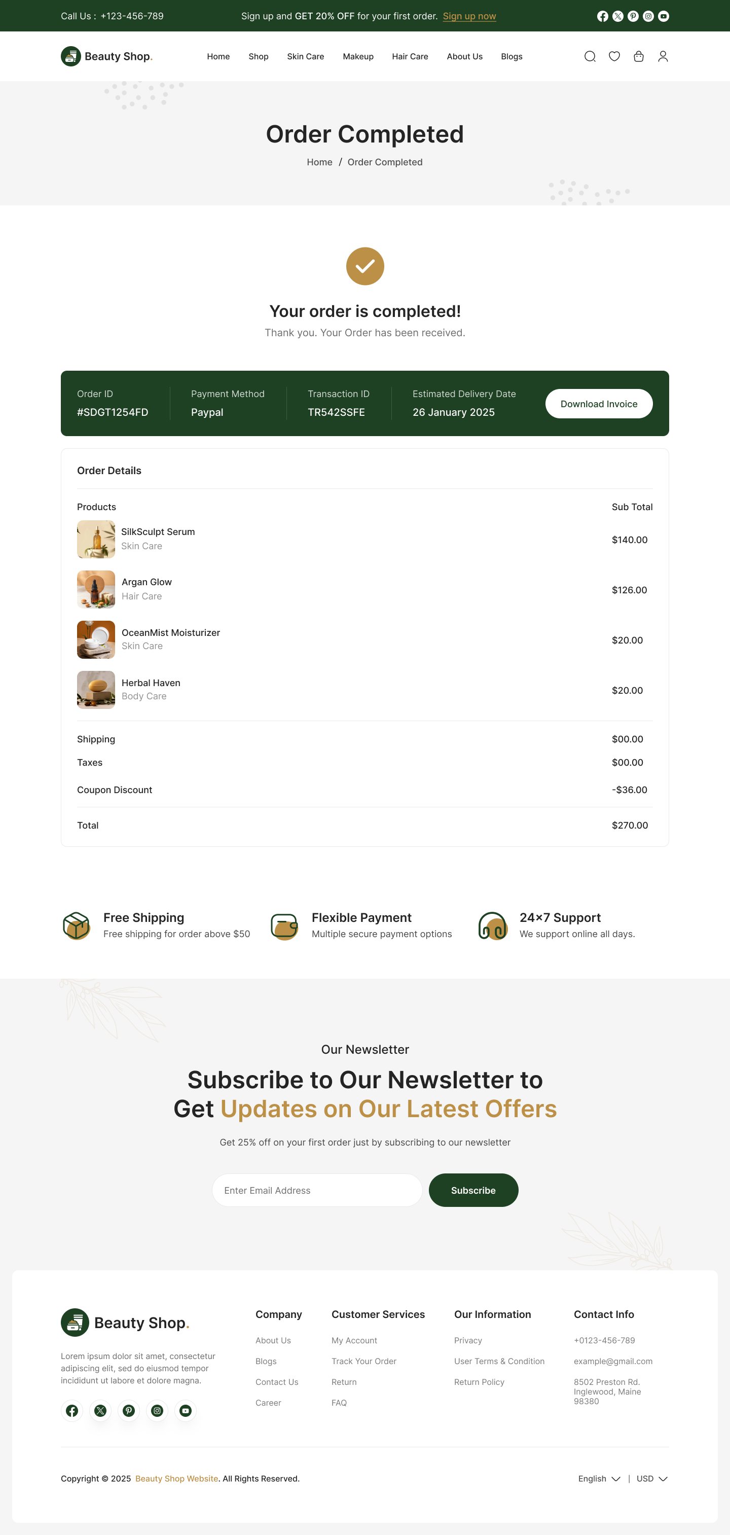 beauty product website ui design  order completed page design