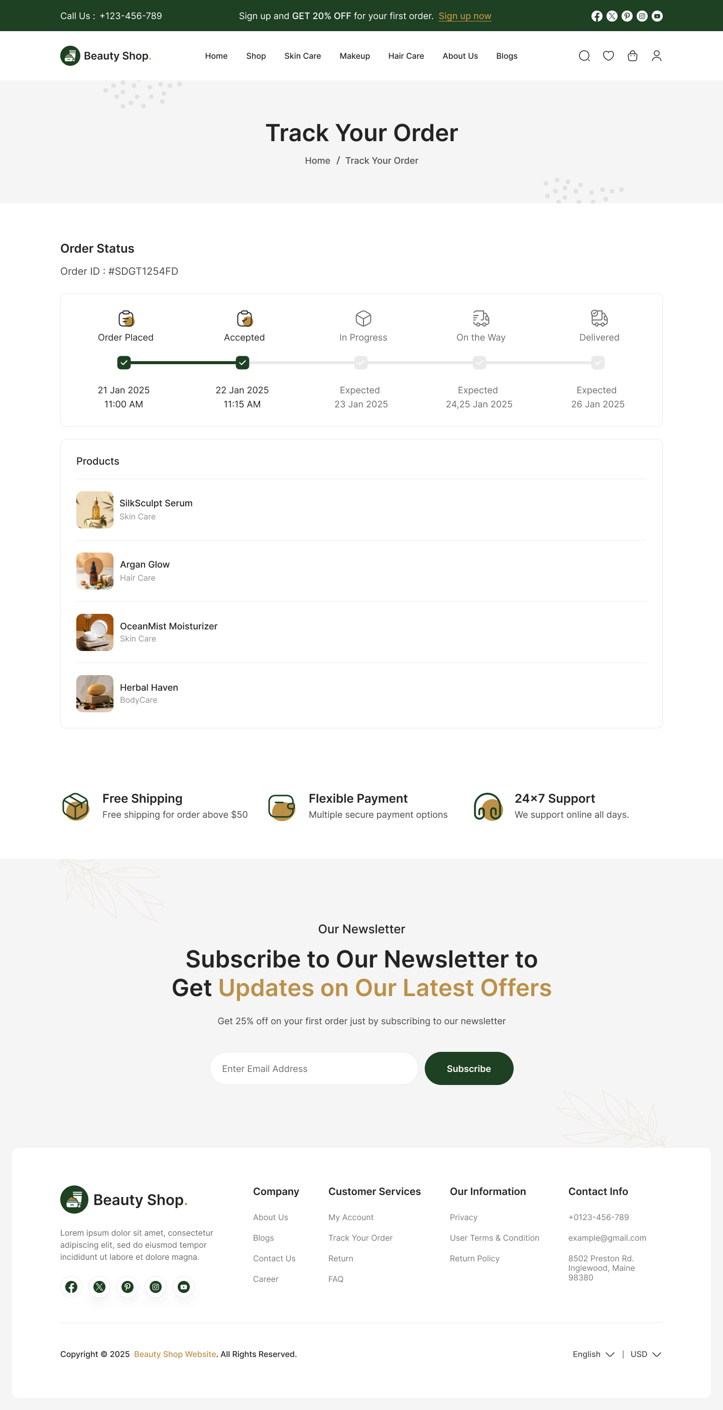 beauty product website ui design order status page design