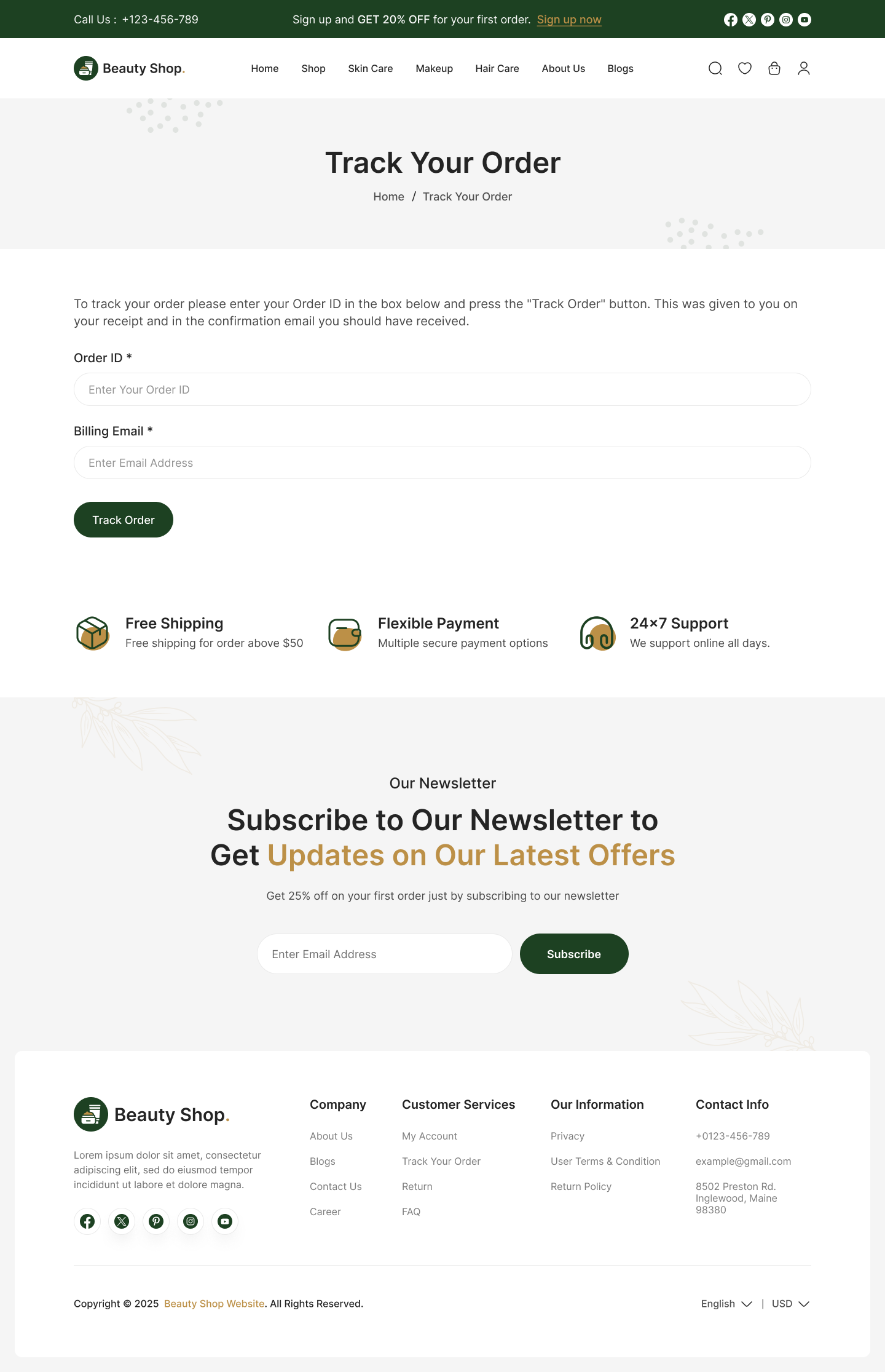 beauty product website ui design track your order page design